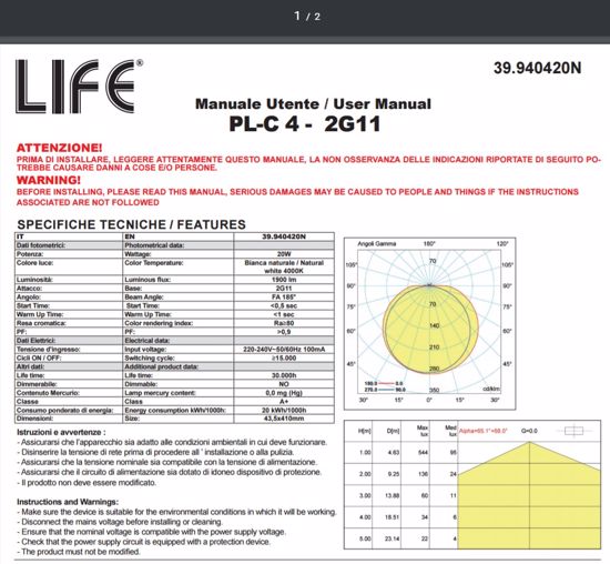 Life lampada tubo led 2g11 20w 1900 lumen 4000k luce naturale cod. 39.940420n