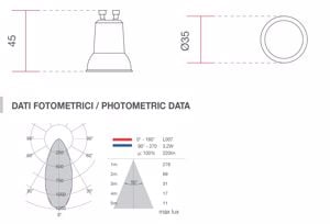 Lampadina led 3.2w 3000k 220lm gu10 35mm 220v ottica 50&deg;