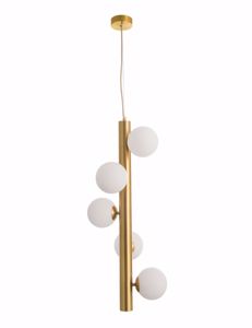 Lampadario a sospensione design verticale oro 5 sfere bianche