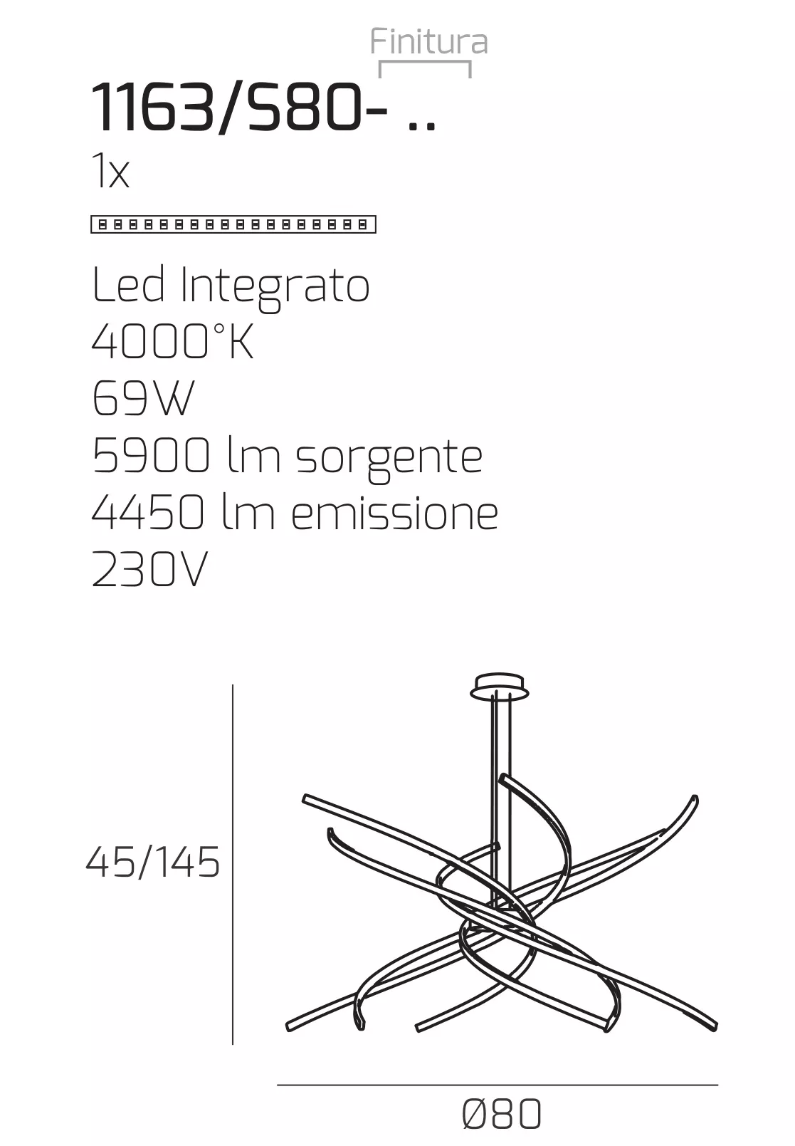 Lampadari moderni led 69w 4000k tornado nero toplight 80cm per soggiorno -  1163S80NE