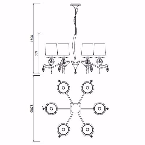 Lampadario 6 bracci a goccia cromato stile contemporaneo