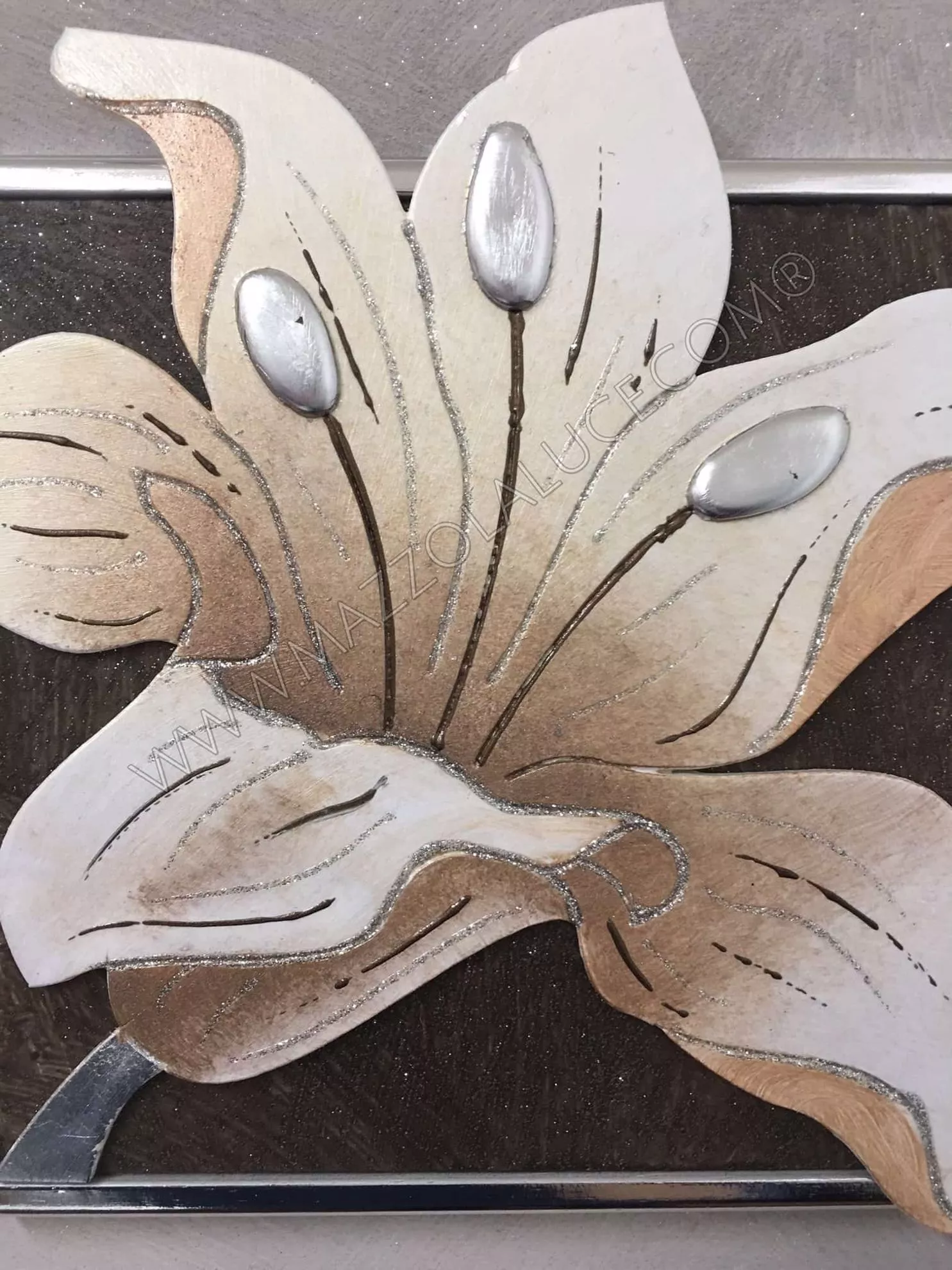 Quadretto floreale decorato glitter argento 35x35 - 65F0