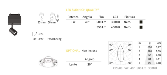 Ideal lux arca track faretto led binario monofase nero 5w 3000k 48v orientabile ottica 40