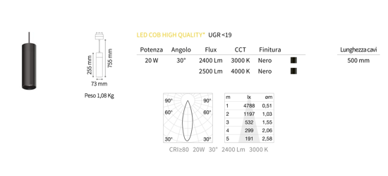 Ideal lux arca pendant faretto per binario monofase led 20w 4000k 48v nero ottica 30