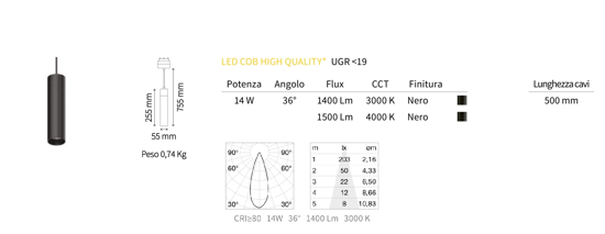 Ideal lux arca pendant faretto led sospensione 14w 3000k per binario monofase 48v ottica 36