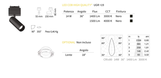 Arca track ideal lux faretto led orientabile 48v per binario 14w 3000k monofase ottica 36