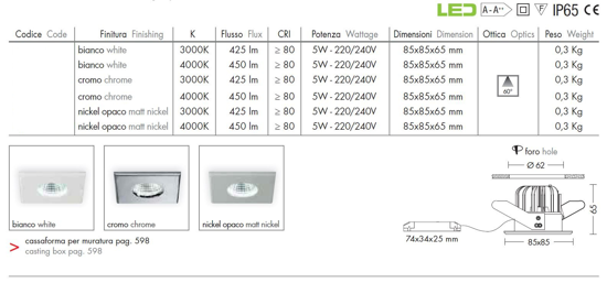 Faretto da incasso  a soffitto quadrato cromato per doccia 5w 4000k