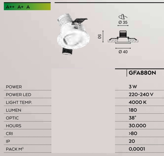 Gea luce elara faretto  da incasso bianco 3w 4000k rotondo