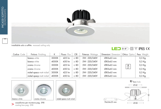 Faretto da incasso  per controssoffitto bagno doccia 5w 3000k ip65 nickel