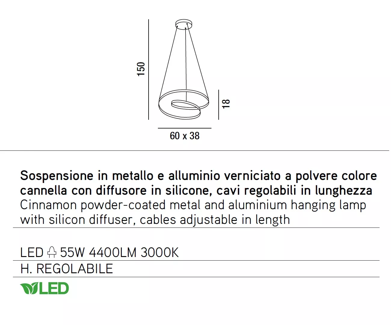 Lampadario moderno led 55w 3000k colore cannella ritmo perenz illuminazione  - 6620ELC