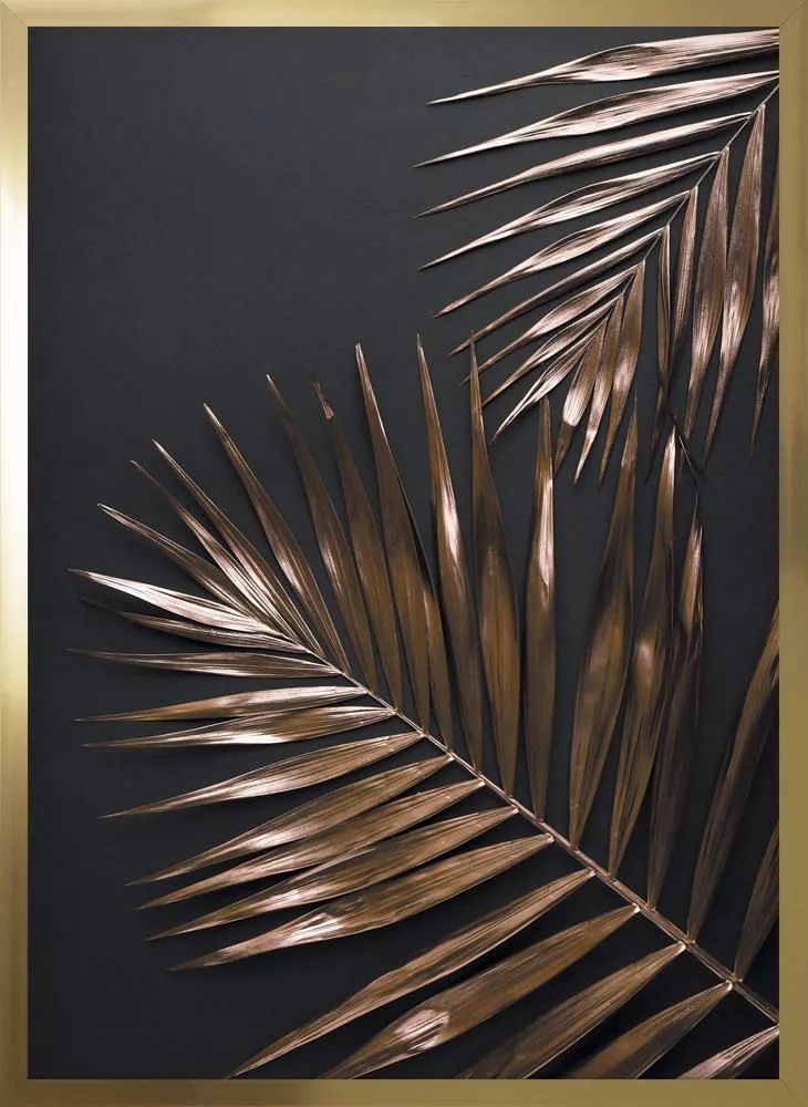 Set di 3 quadri da parete con foglie di tela, colore oro nero di