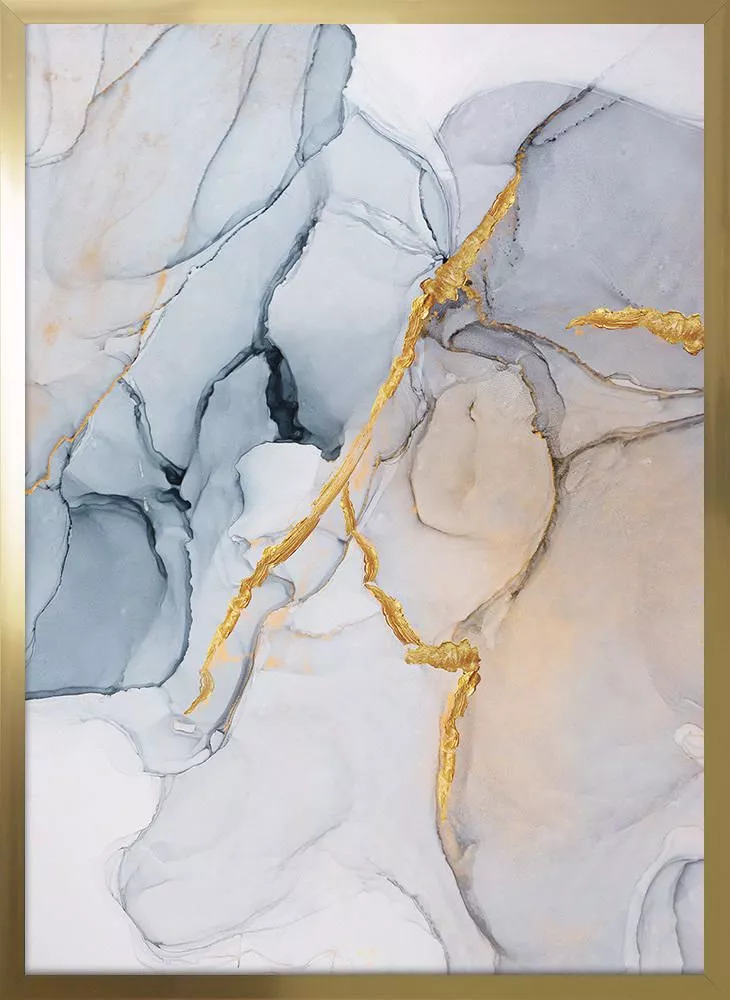 Quadro verticale effetto marmo azzurro moderno 53x73 cornice oro lucido -  6FFB