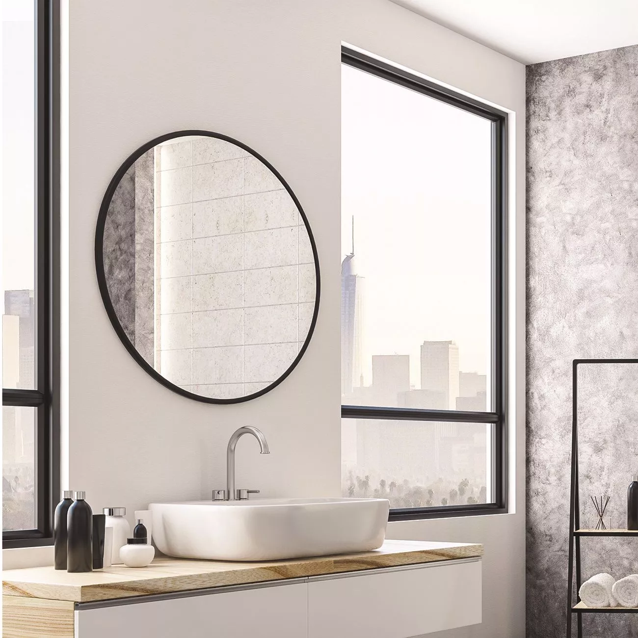 Specchio da bagno rotondo 90cm cornice telaio nero design moderno - 7141