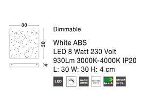 Plafoniera led 8w cielo stellato nero 30x30 quadrata