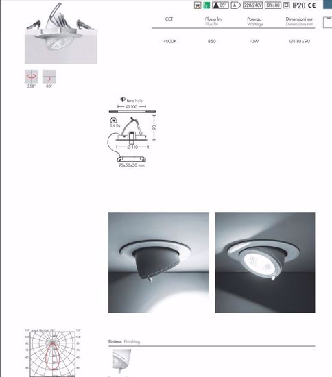 Faretto da incasso orientabile bianco 10w 3000k 220-240v per controsoffitto