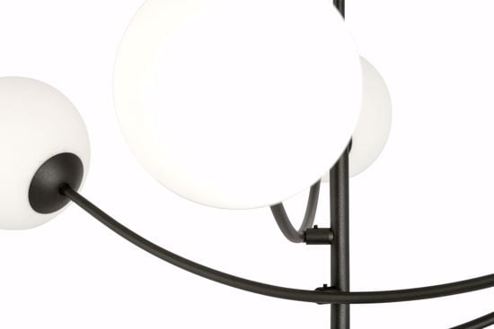Lampadario moderno per soggiorno nero 4 luci sfere vetro bianco