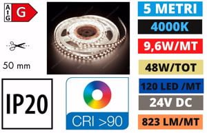 Strip led bobina 5 metri 9.6w mt 4000k 24v ip20 per interni