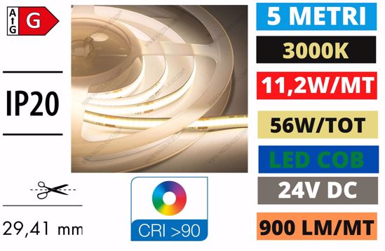 Striscia led cob 3000k 11,2w mt 24v bobina 5mt ip20 per interni