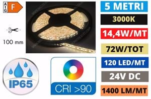 Strisce led per esterno bagno bobina 5mt 14,4w mt 3000k 24v ip65