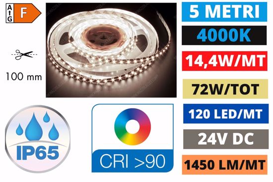 Strisce led da bagno per esterno 14,4w mt 4000k bobina 5mt ip65 24v