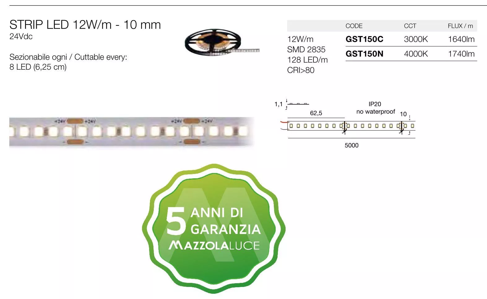 Strip led 10 mm, 12W/m, molto luminosa