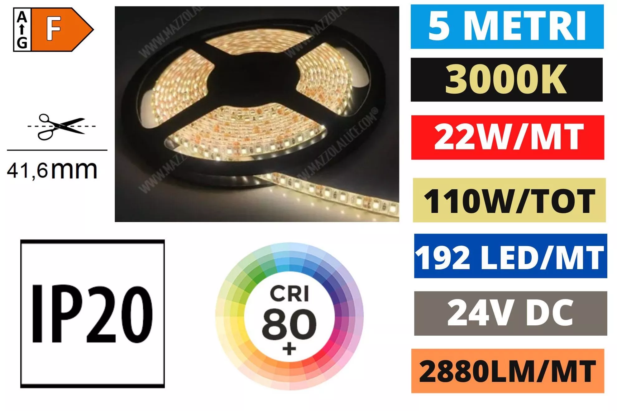 Gea luce bobina 5mt striscia led 22w mt 3000k 24v ip20 elevata  luminosità - GST152C