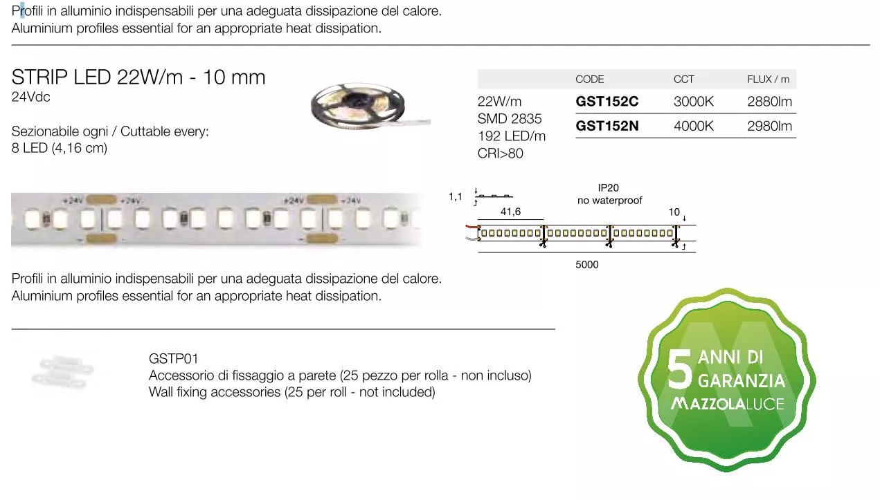 Gea luce bobina 5mt striscia led 22w mt 3000k 24v ip20 elevata