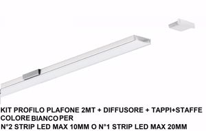 Profilo in alluminio da incasso per striscia LED con diffusore - 4 clip a  molla - 2 tappi - 36x28mm - 2 metri