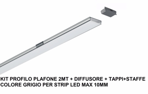 Kit profilo plafone grigio 2mt per strip led max 10mm gea luce diffusore staffe tappi