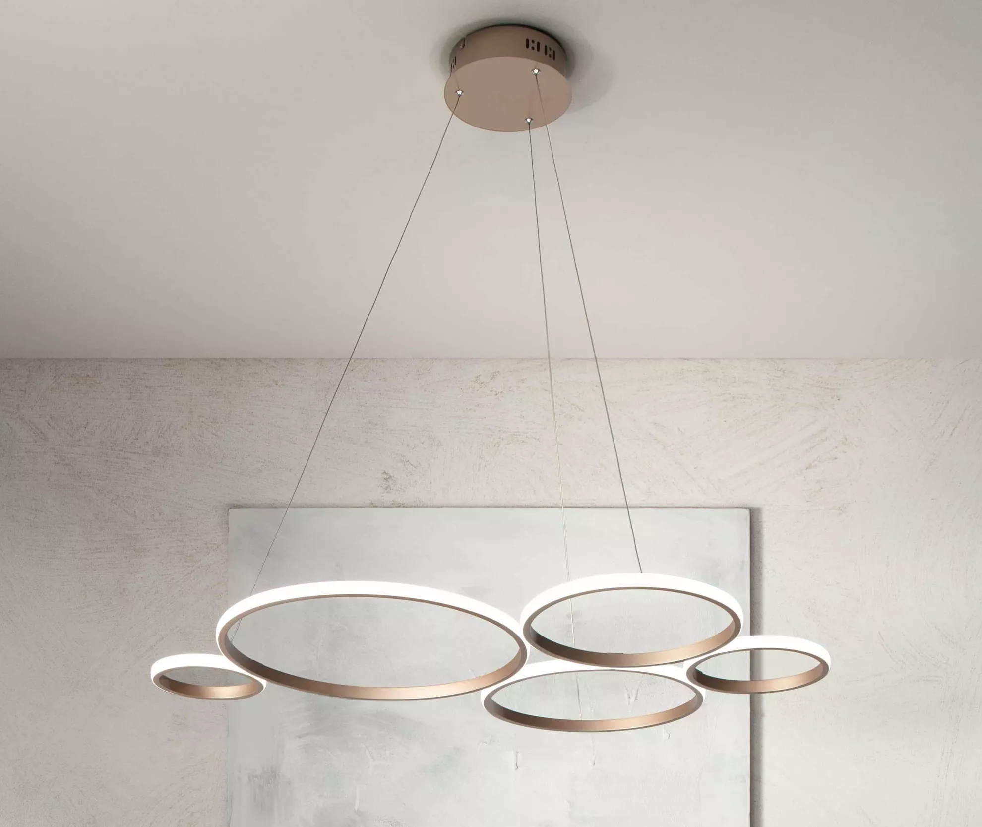 Lampadario a sospensione led 52w con cerchi argento design moderno per  camera cucina salotto