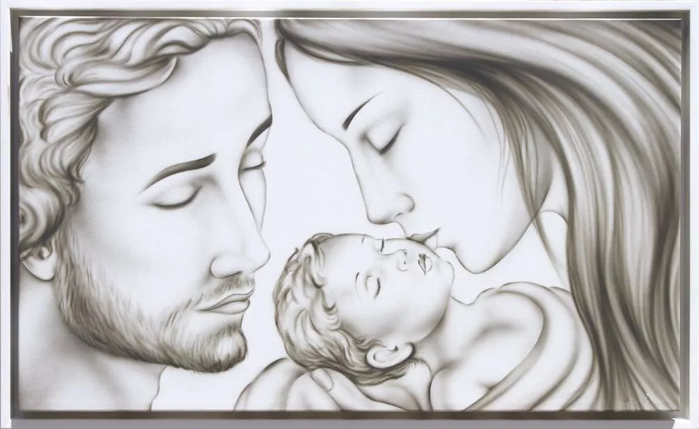 Capezzale moderno sacra famiglia abbracio di amore capoletto dipinto  cornice bianca 114x70 - 73E3