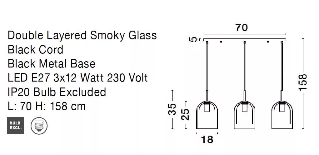 Lampadario per tavolo da cucina moderna tre vetri fume pendenti - 70F5