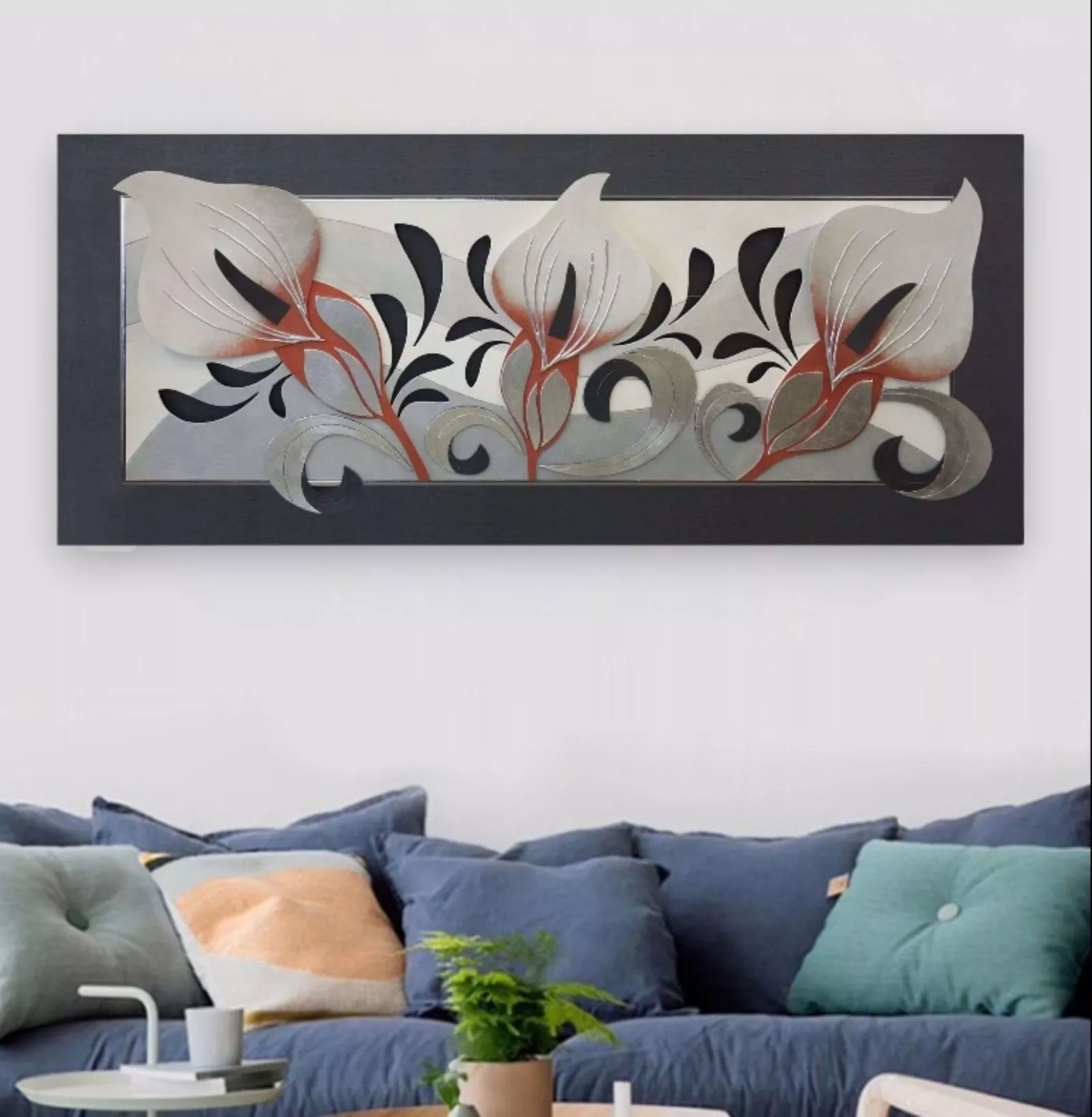 Quadri moderni per soggiorno dipinto calle in fiore antracite 155x65 - 6654