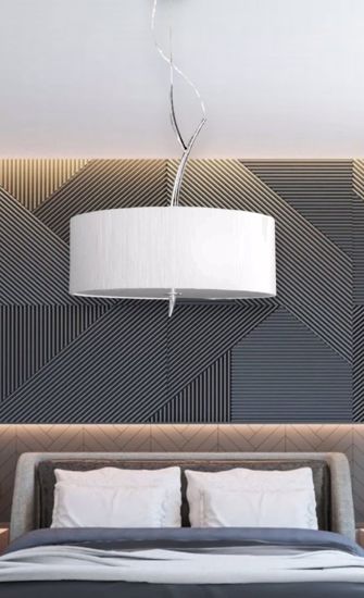 Lampadario stanza da letto moderna paralume tessuto rigato metallo cromo