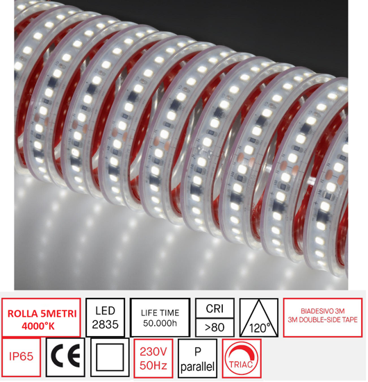 Bobina 5m strip led per esterno 18w/mt 4000k ip65 ip65 230v 140led/m