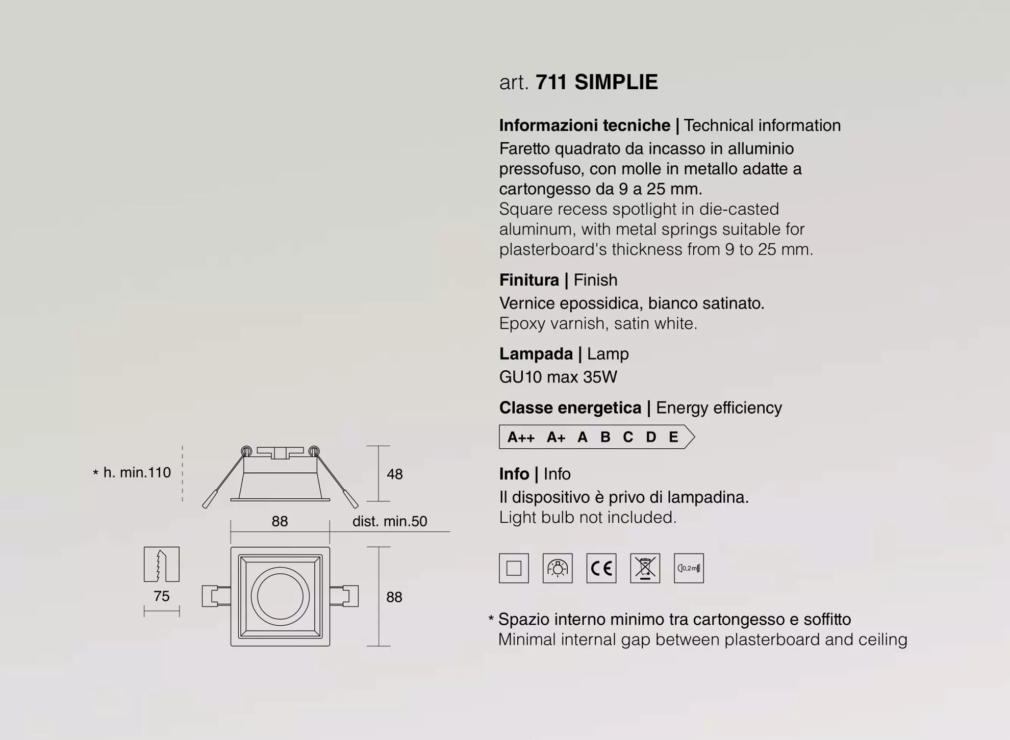 Isyluce faretto quadrato metallo bianco gu10 220v da incasso per soffitto  cartongesso - 711