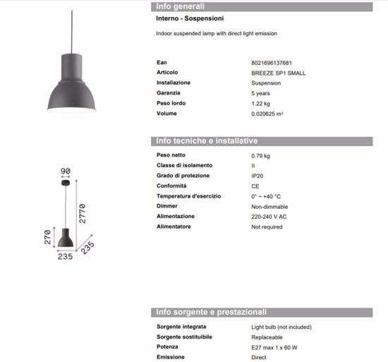 Ideal lux breeze lampada a sospensione per isola cucina campana grigio scuro 23 cm