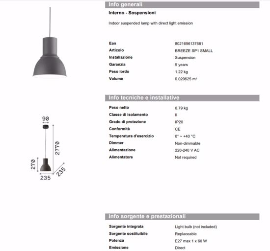 Ideal lux breeze lampadario da cucina moderna campana grigio scuro 23 cm