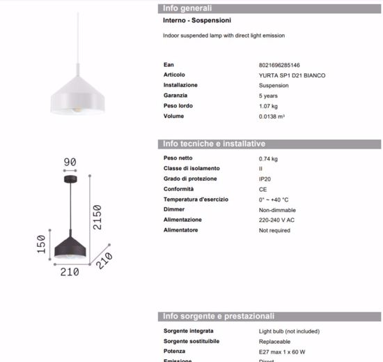 Ideal lux lampada a sospensione per penisola cucina cono bianco cavo regolabile