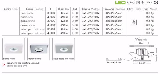 Faretto quadrato da incasso  per bagno 240v doccia ip65 bianco 5w 3000k