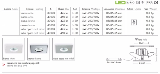 Faretto quadrato da incasso  per soffitto bagno 5w 4000k 220v bianco