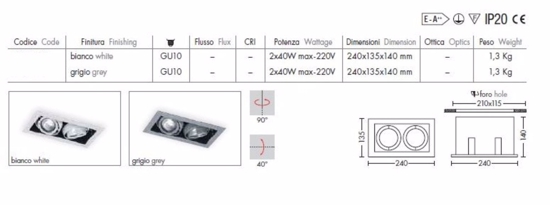 Cestello portafaretti da incasso rettangolare per controsoffitto 2 luci orientabili gu10 grigio