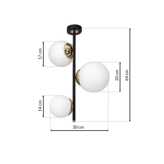 Plafoniera lampada verticale tre luci sfere vetro bianco stile contemporaneo