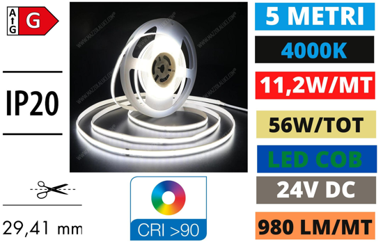 Strip led cob 11,2w mt 4000k 24v ip20 bobina 5mt per interni