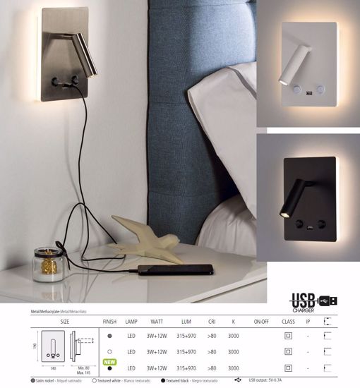 Applique da comodino bianco luce led 3000k orientabile usb interruttore