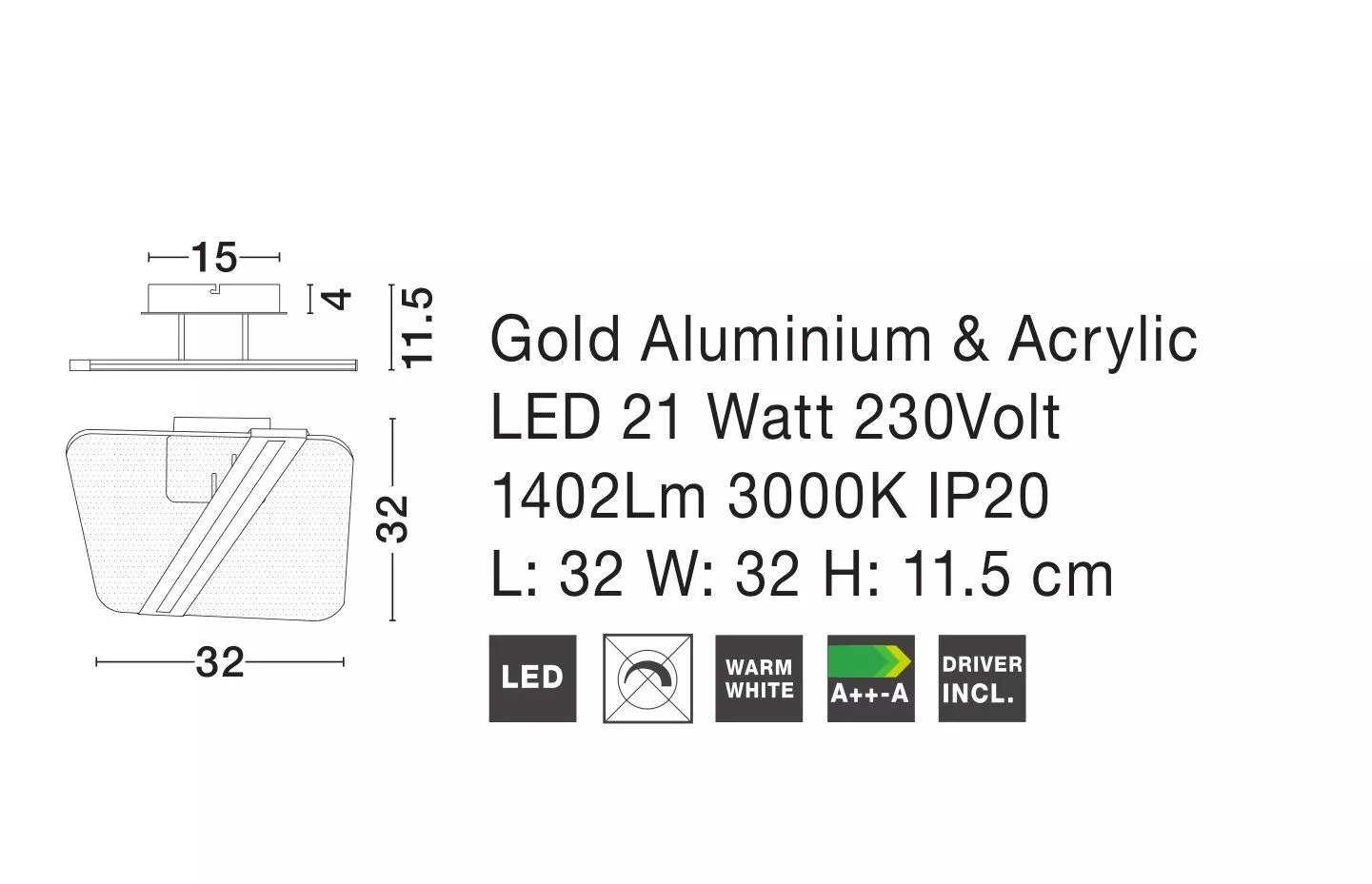 Plafoniera LED Quadrata per interno ed esterno - Colore Bianco - 30W -  Bianco Caldo