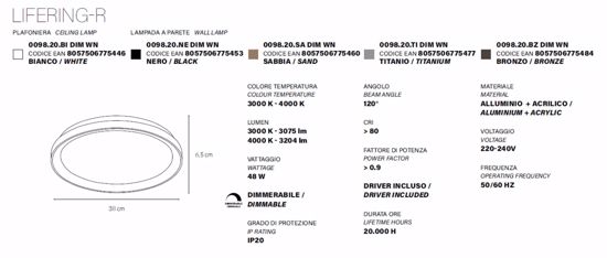 Plafoniera vivida lifering rotonda nera led 48w 3000k 4000k dimmerabile