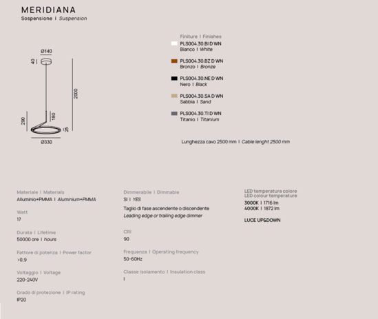 Lampada a sospensione vivida meridiana bronzo led 17w 3000k 4000k dimmerabile biemissione