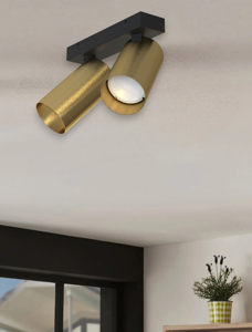 Lampada da soffitto con due faretti led gu10 orientabili nero oro