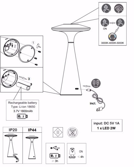 Lampada senza fili led tricolor grigio design moderna ricaricabile portatile